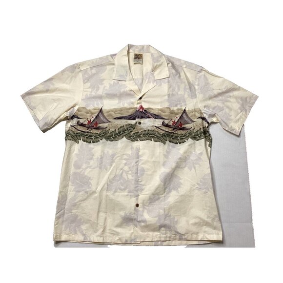 Winnie Fashion Other - Hawaiian Shirt by Winnie Fashion Volcano Tan Volcano Boats Men’s XL Button Down
